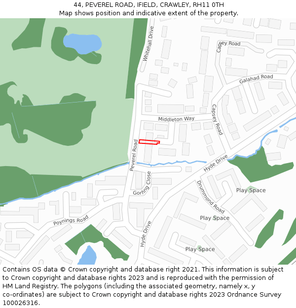 44, PEVEREL ROAD, IFIELD, CRAWLEY, RH11 0TH: Location map and indicative extent of plot