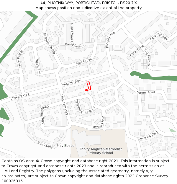 44, PHOENIX WAY, PORTISHEAD, BRISTOL, BS20 7JX: Location map and indicative extent of plot