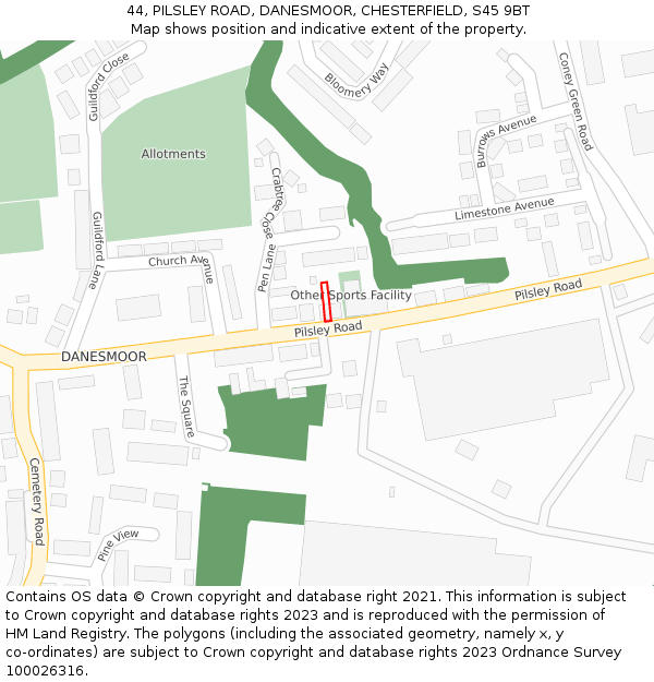 44, PILSLEY ROAD, DANESMOOR, CHESTERFIELD, S45 9BT: Location map and indicative extent of plot