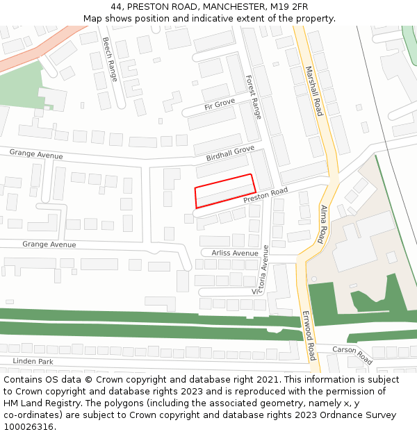 44, PRESTON ROAD, MANCHESTER, M19 2FR: Location map and indicative extent of plot