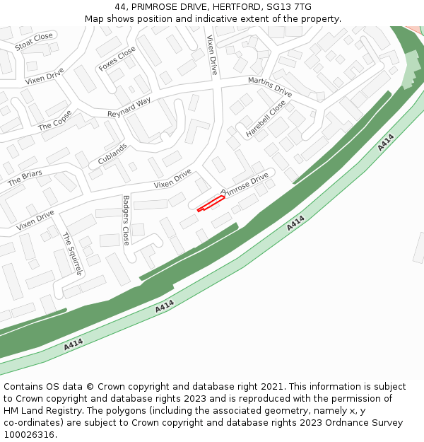 44, PRIMROSE DRIVE, HERTFORD, SG13 7TG: Location map and indicative extent of plot