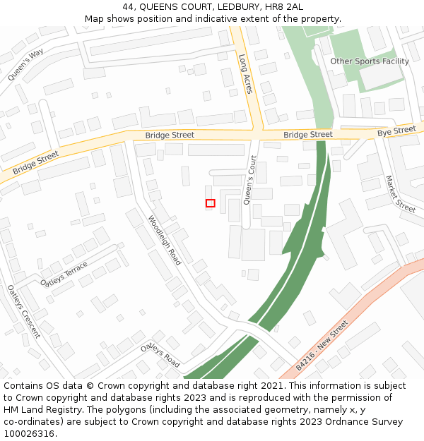 44, QUEENS COURT, LEDBURY, HR8 2AL: Location map and indicative extent of plot