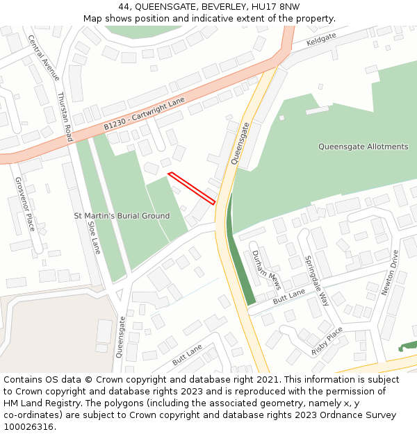 44, QUEENSGATE, BEVERLEY, HU17 8NW: Location map and indicative extent of plot