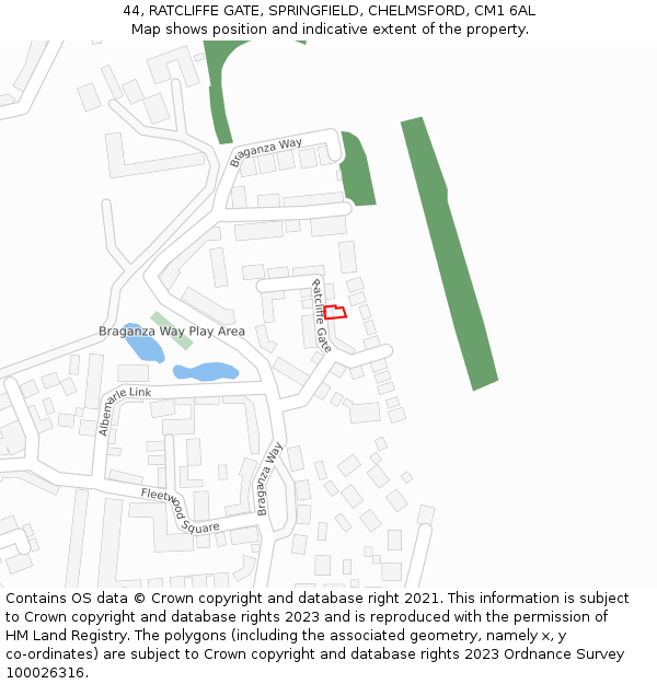 44, RATCLIFFE GATE, SPRINGFIELD, CHELMSFORD, CM1 6AL: Location map and indicative extent of plot