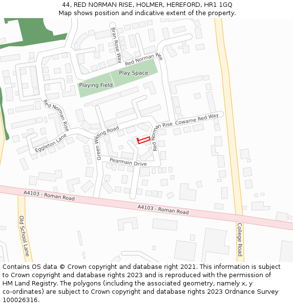 44, RED NORMAN RISE, HOLMER, HEREFORD, HR1 1GQ: Location map and indicative extent of plot