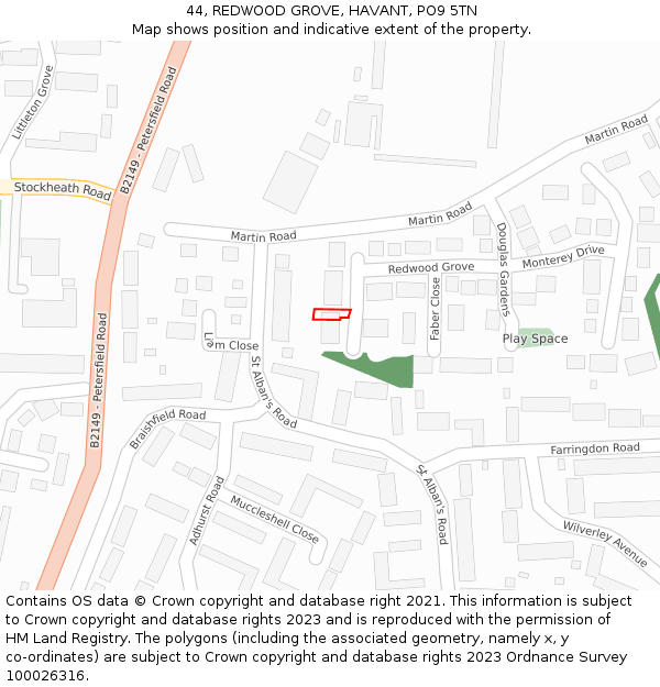 44, REDWOOD GROVE, HAVANT, PO9 5TN: Location map and indicative extent of plot