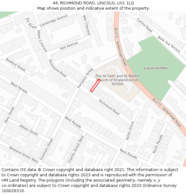 44, RICHMOND ROAD, LINCOLN, LN1 1LQ: Location map and indicative extent of plot