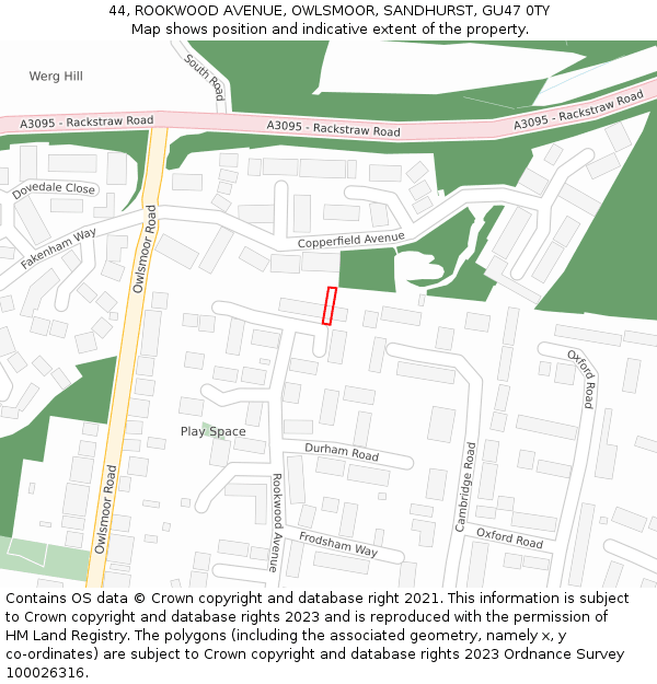 44, ROOKWOOD AVENUE, OWLSMOOR, SANDHURST, GU47 0TY: Location map and indicative extent of plot