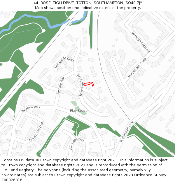 44, ROSELEIGH DRIVE, TOTTON, SOUTHAMPTON, SO40 7JY: Location map and indicative extent of plot