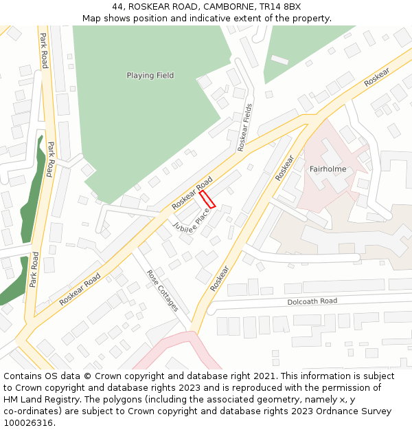 44, ROSKEAR ROAD, CAMBORNE, TR14 8BX: Location map and indicative extent of plot