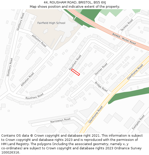 44, ROUSHAM ROAD, BRISTOL, BS5 6XJ: Location map and indicative extent of plot