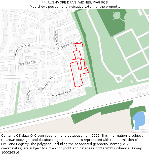 44, RUSHMORE DRIVE, WIDNES, WA8 9QB: Location map and indicative extent of plot