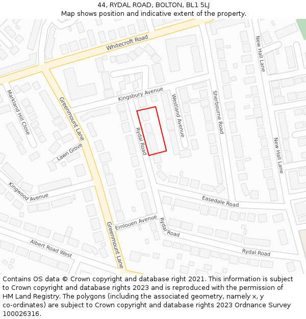44, RYDAL ROAD, BOLTON, BL1 5LJ: Location map and indicative extent of plot