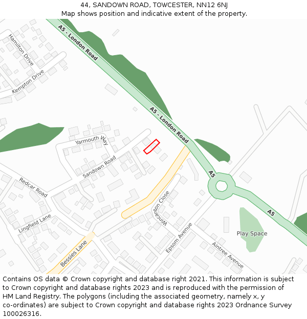 44, SANDOWN ROAD, TOWCESTER, NN12 6NJ: Location map and indicative extent of plot