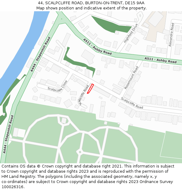 44, SCALPCLIFFE ROAD, BURTON-ON-TRENT, DE15 9AA: Location map and indicative extent of plot