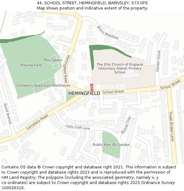 44, SCHOOL STREET, HEMINGFIELD, BARNSLEY, S73 0PS: Location map and indicative extent of plot