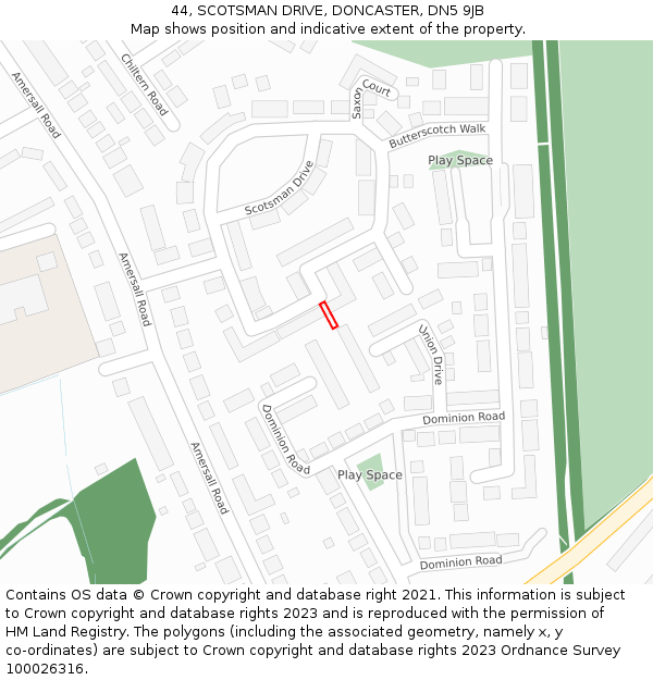 44, SCOTSMAN DRIVE, DONCASTER, DN5 9JB: Location map and indicative extent of plot
