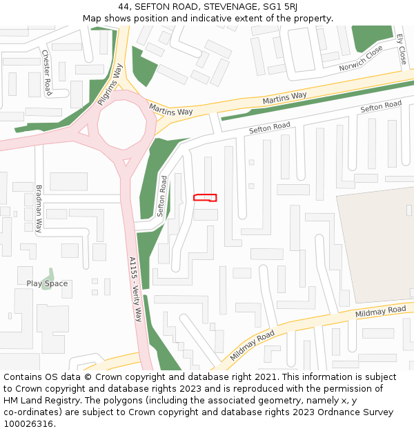 44, SEFTON ROAD, STEVENAGE, SG1 5RJ: Location map and indicative extent of plot
