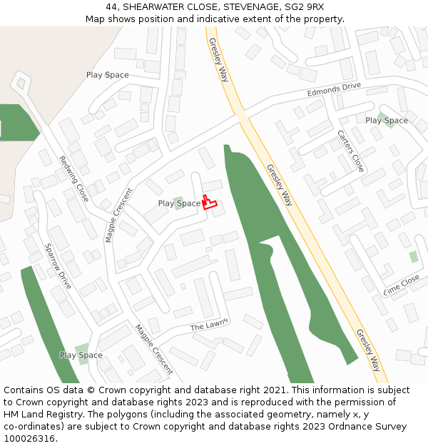 44, SHEARWATER CLOSE, STEVENAGE, SG2 9RX: Location map and indicative extent of plot