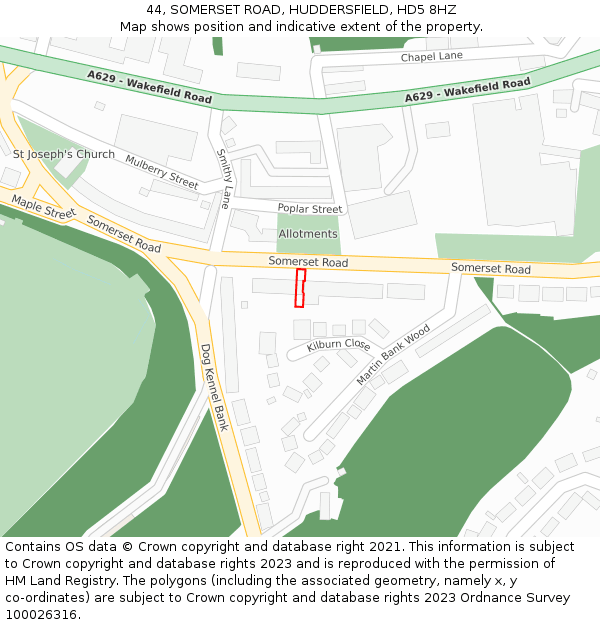 44, SOMERSET ROAD, HUDDERSFIELD, HD5 8HZ: Location map and indicative extent of plot