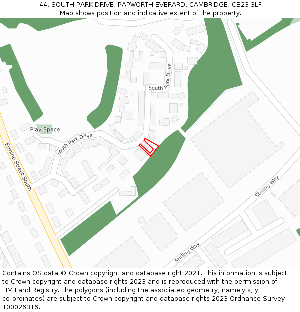 44, SOUTH PARK DRIVE, PAPWORTH EVERARD, CAMBRIDGE, CB23 3LF: Location map and indicative extent of plot
