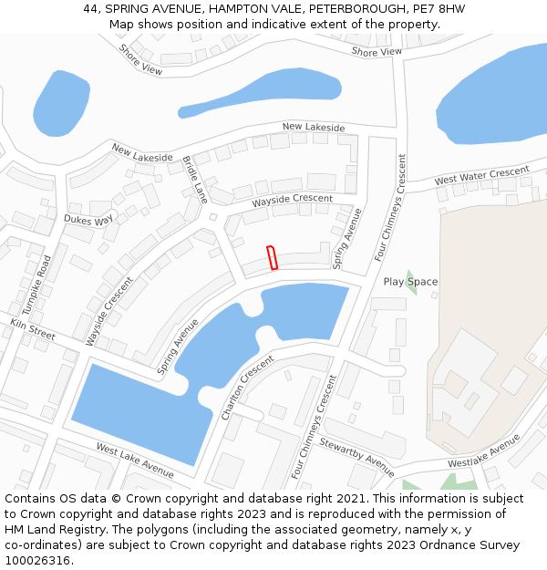 44, SPRING AVENUE, HAMPTON VALE, PETERBOROUGH, PE7 8HW: Location map and indicative extent of plot