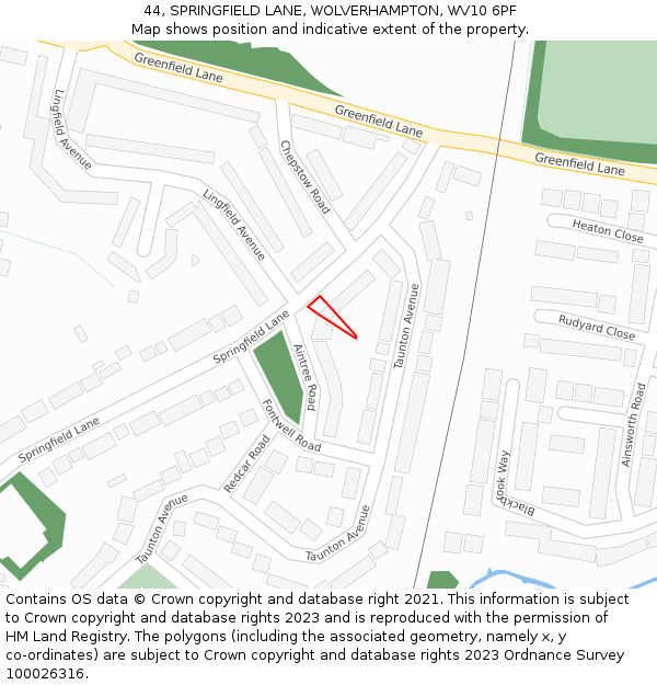 44, SPRINGFIELD LANE, WOLVERHAMPTON, WV10 6PF: Location map and indicative extent of plot
