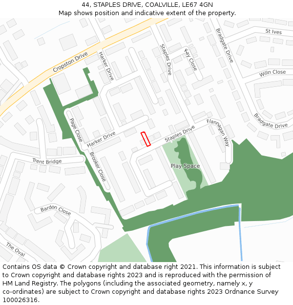 44, STAPLES DRIVE, COALVILLE, LE67 4GN: Location map and indicative extent of plot
