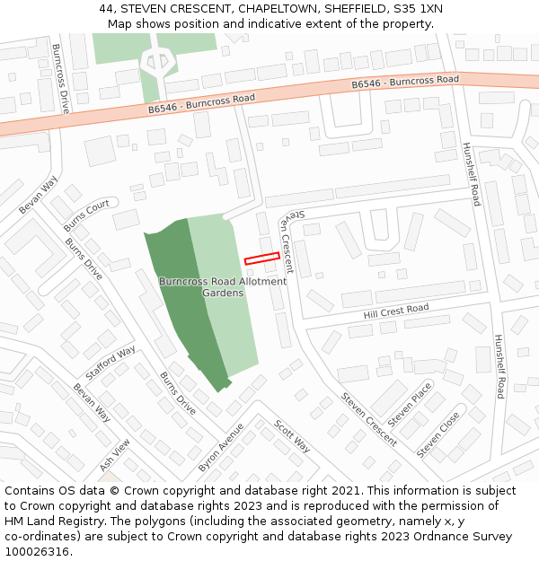 44, STEVEN CRESCENT, CHAPELTOWN, SHEFFIELD, S35 1XN: Location map and indicative extent of plot