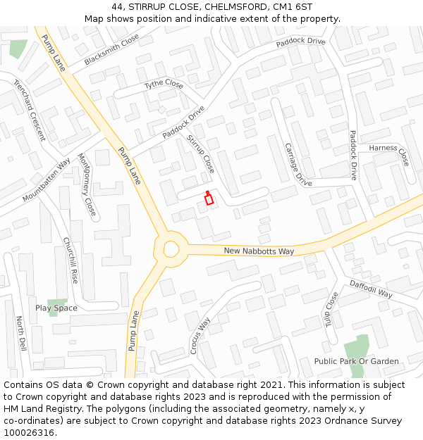 44, STIRRUP CLOSE, CHELMSFORD, CM1 6ST: Location map and indicative extent of plot
