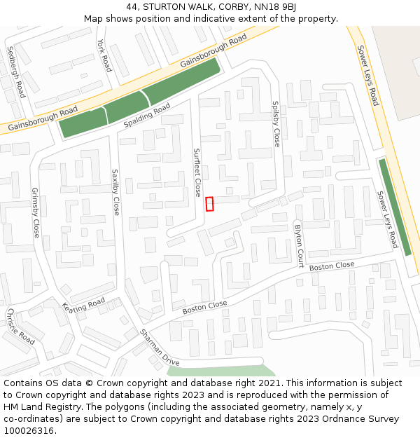 44, STURTON WALK, CORBY, NN18 9BJ: Location map and indicative extent of plot