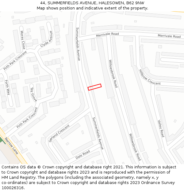 44, SUMMERFIELDS AVENUE, HALESOWEN, B62 9NW: Location map and indicative extent of plot