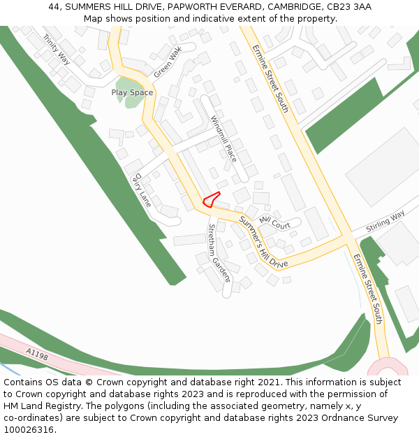 44, SUMMERS HILL DRIVE, PAPWORTH EVERARD, CAMBRIDGE, CB23 3AA: Location map and indicative extent of plot