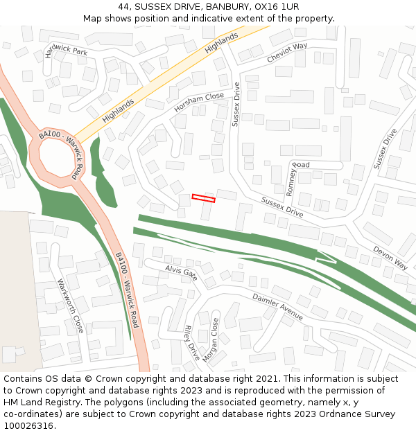 44, SUSSEX DRIVE, BANBURY, OX16 1UR: Location map and indicative extent of plot