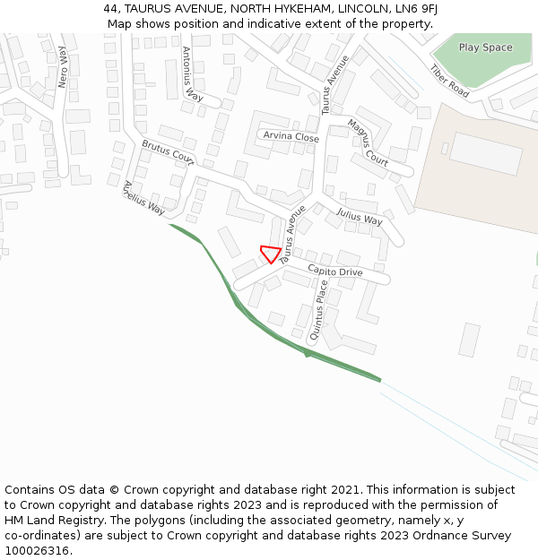 44, TAURUS AVENUE, NORTH HYKEHAM, LINCOLN, LN6 9FJ: Location map and indicative extent of plot