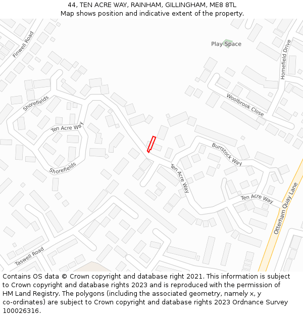 44, TEN ACRE WAY, RAINHAM, GILLINGHAM, ME8 8TL: Location map and indicative extent of plot