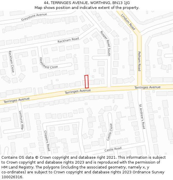 44, TERRINGES AVENUE, WORTHING, BN13 1JG: Location map and indicative extent of plot