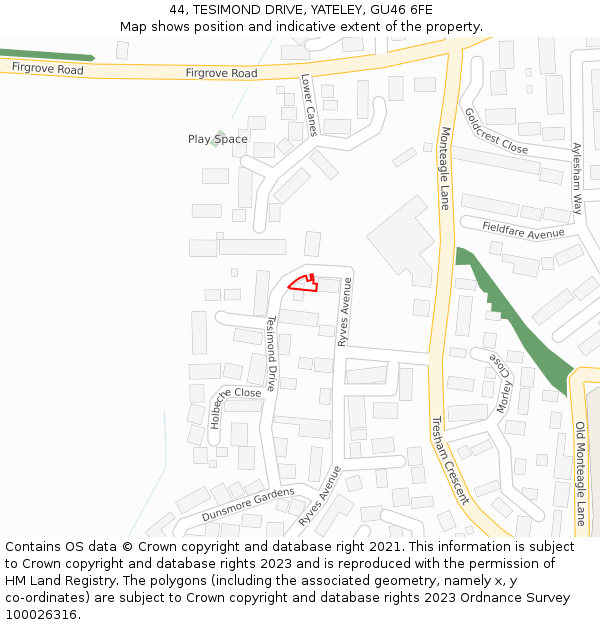 44, TESIMOND DRIVE, YATELEY, GU46 6FE: Location map and indicative extent of plot