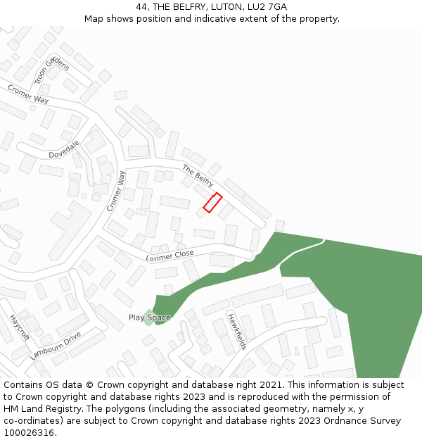 44, THE BELFRY, LUTON, LU2 7GA: Location map and indicative extent of plot