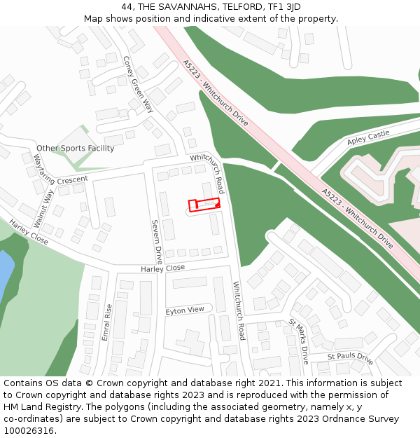 44, THE SAVANNAHS, TELFORD, TF1 3JD: Location map and indicative extent of plot