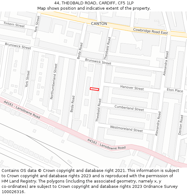 44, THEOBALD ROAD, CARDIFF, CF5 1LP: Location map and indicative extent of plot