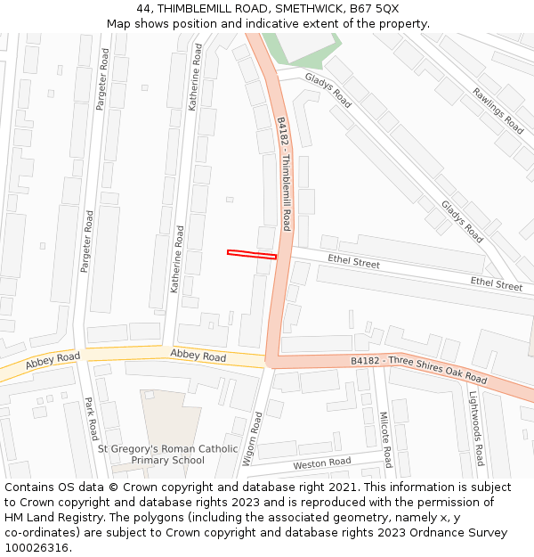 44, THIMBLEMILL ROAD, SMETHWICK, B67 5QX: Location map and indicative extent of plot