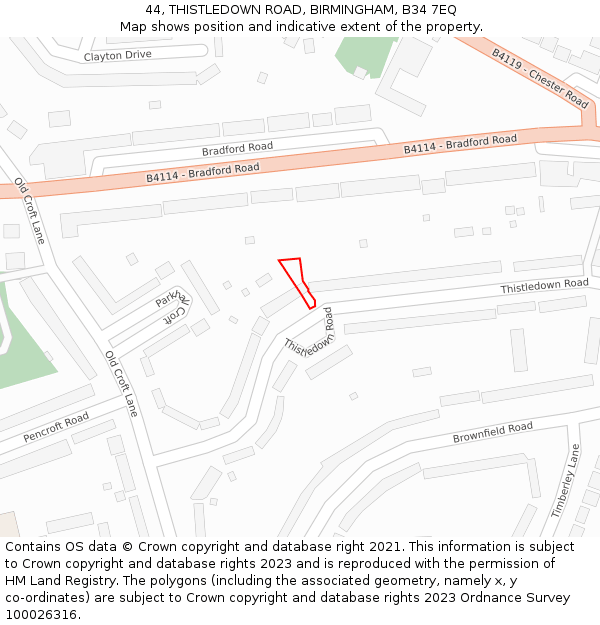 44, THISTLEDOWN ROAD, BIRMINGHAM, B34 7EQ: Location map and indicative extent of plot