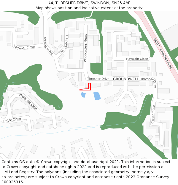 44, THRESHER DRIVE, SWINDON, SN25 4AF: Location map and indicative extent of plot
