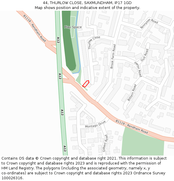 44, THURLOW CLOSE, SAXMUNDHAM, IP17 1GD: Location map and indicative extent of plot