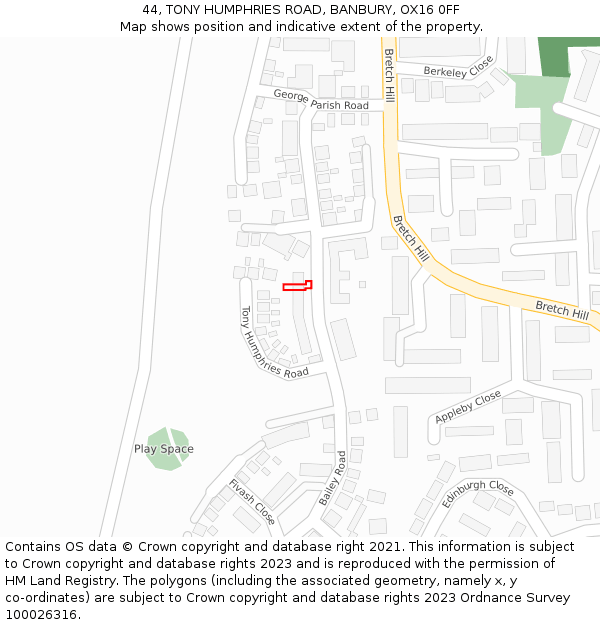 44, TONY HUMPHRIES ROAD, BANBURY, OX16 0FF: Location map and indicative extent of plot