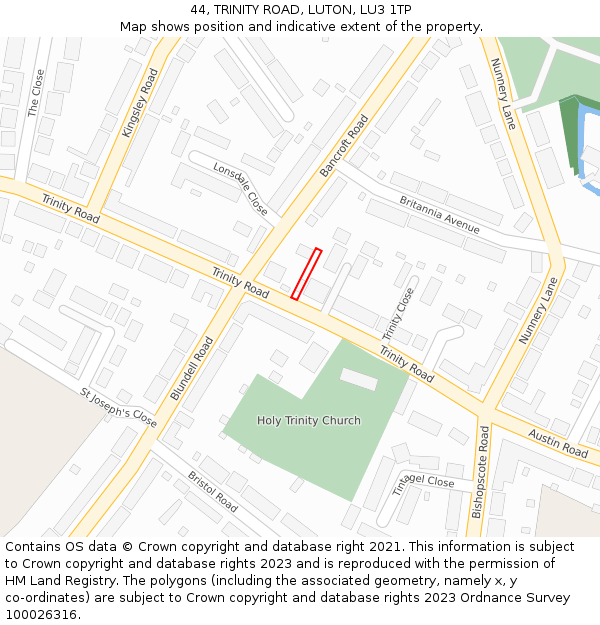 44, TRINITY ROAD, LUTON, LU3 1TP: Location map and indicative extent of plot