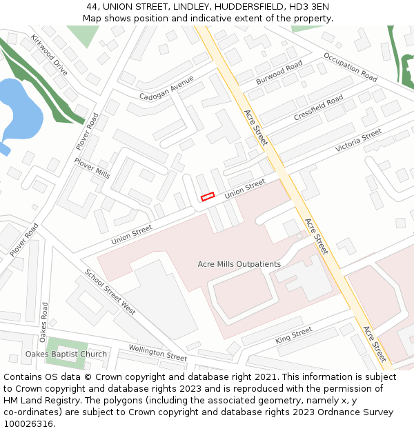 44, UNION STREET, LINDLEY, HUDDERSFIELD, HD3 3EN: Location map and indicative extent of plot