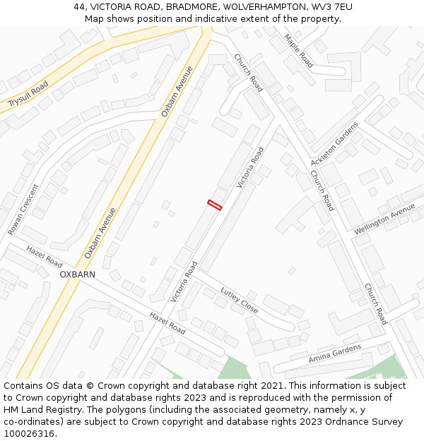 44, VICTORIA ROAD, BRADMORE, WOLVERHAMPTON, WV3 7EU: Location map and indicative extent of plot