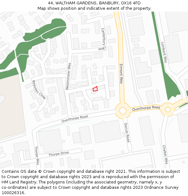 44, WALTHAM GARDENS, BANBURY, OX16 4FD: Location map and indicative extent of plot